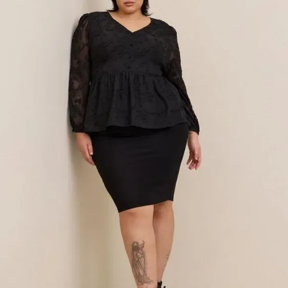 Torrid - Peplum Chiffon Clip Floral Blouson Sleeve Top - Picture 1 of 8